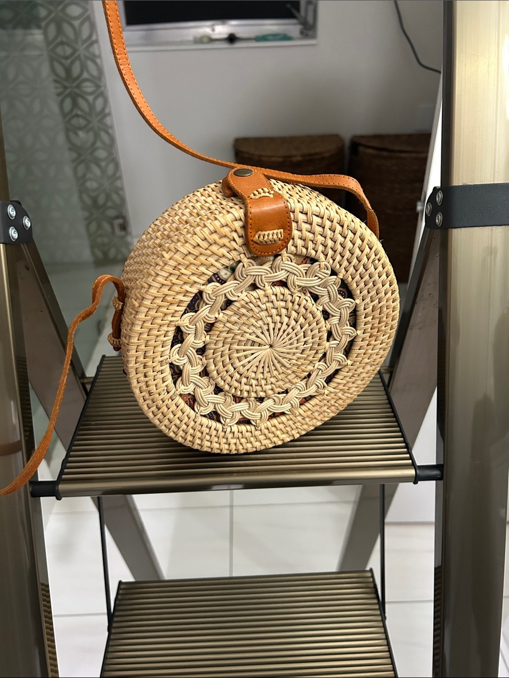 Woven Round Straw Crossbody Bag with Tan Leather Strap
